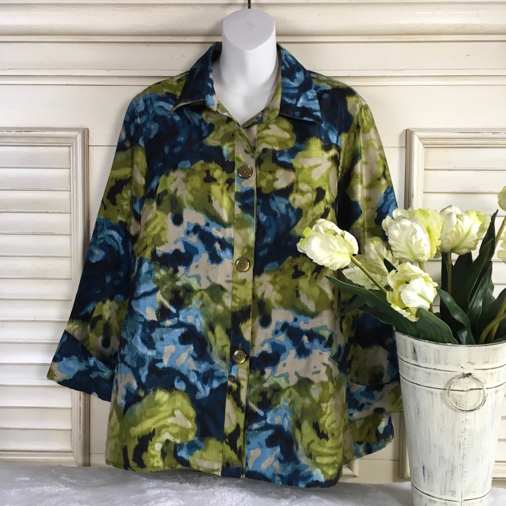 Jones New York Print Top Jacket Button Front Sz L
